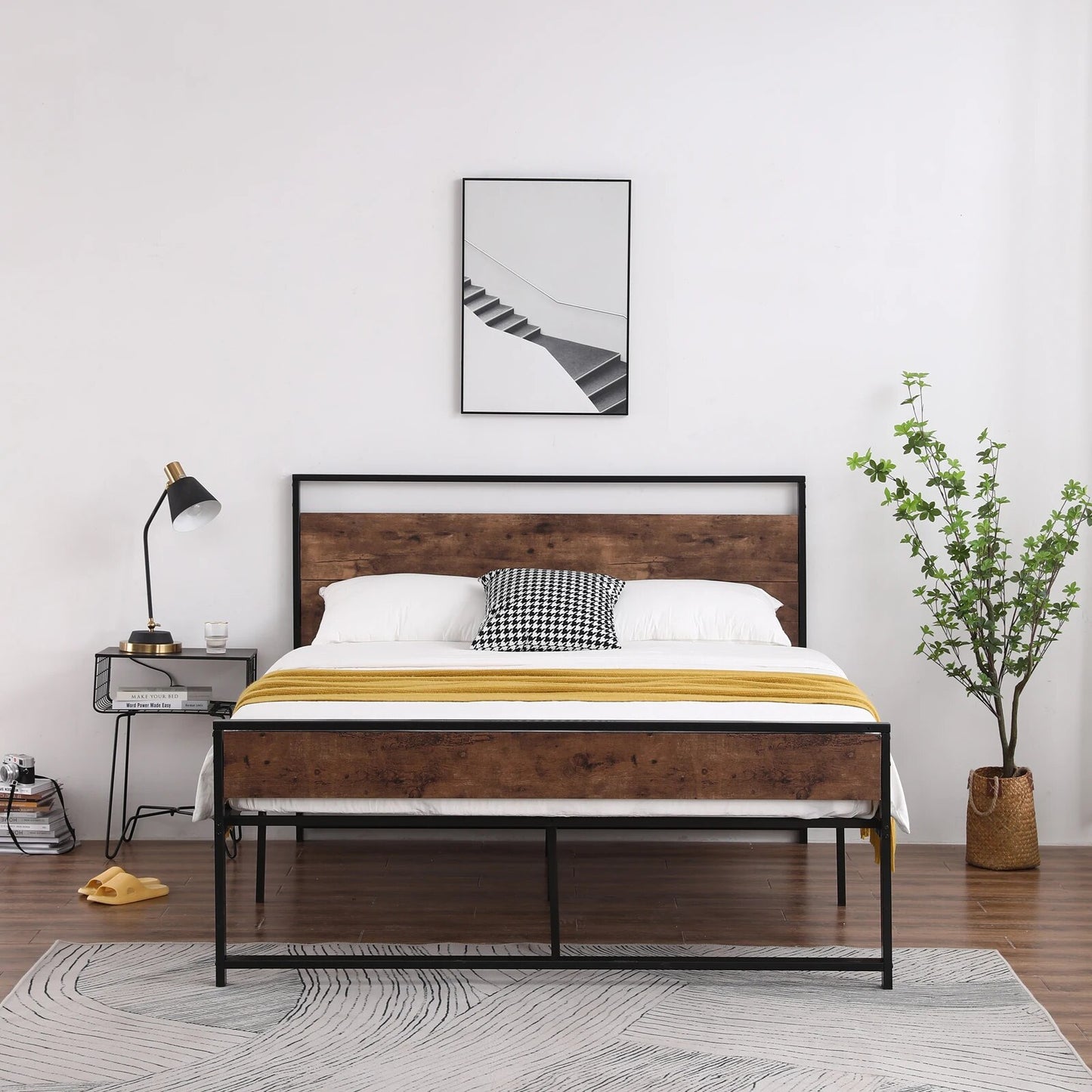 Black Iron Bed Frames with Retro Brown Headboard