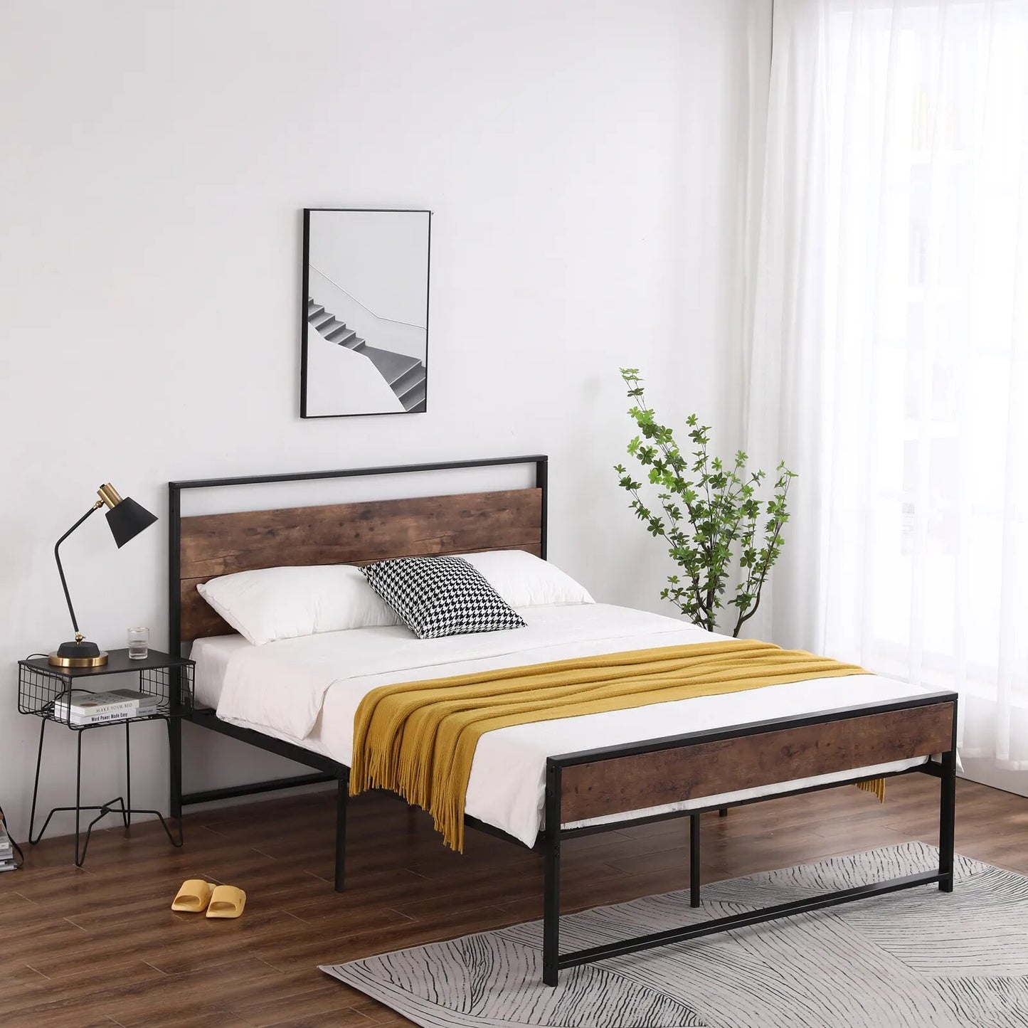 Black Iron Bed Frames with Retro Brown Headboard