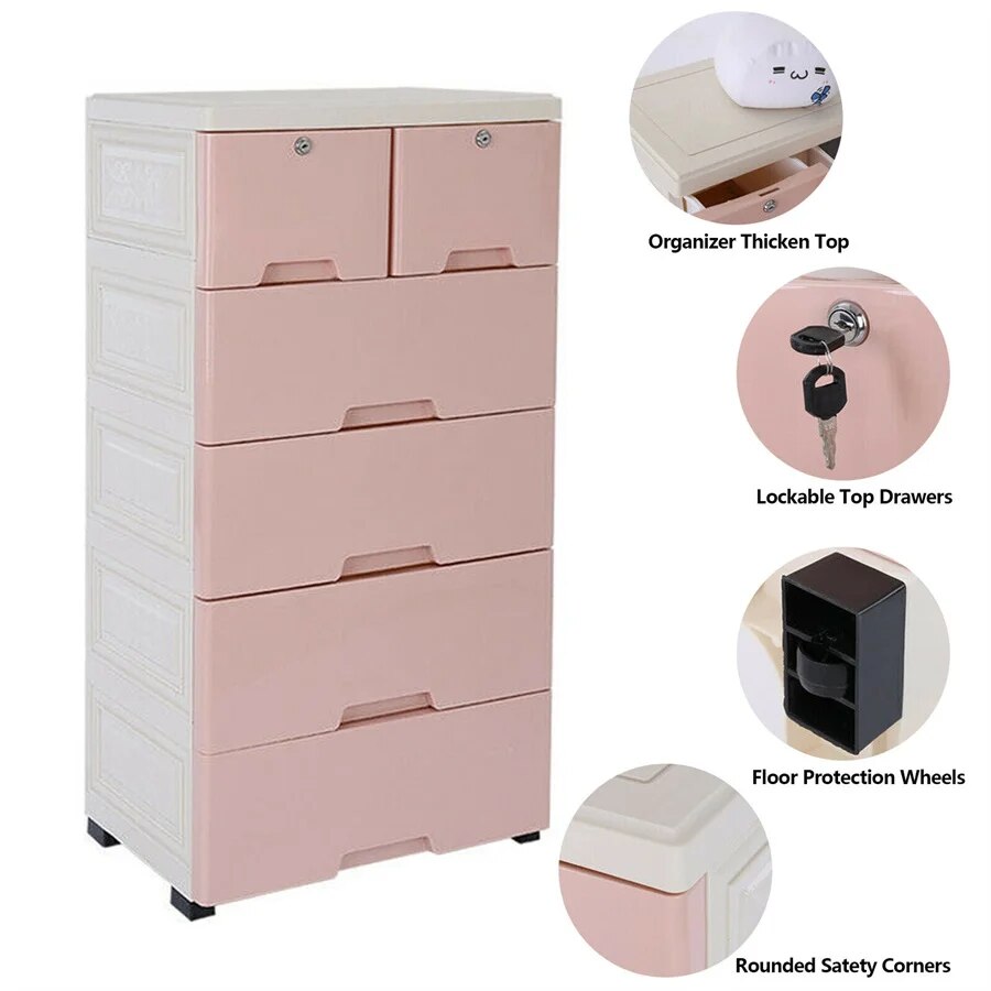 6 Drawer Plastic Dresser with Wheels Storage Cabinet