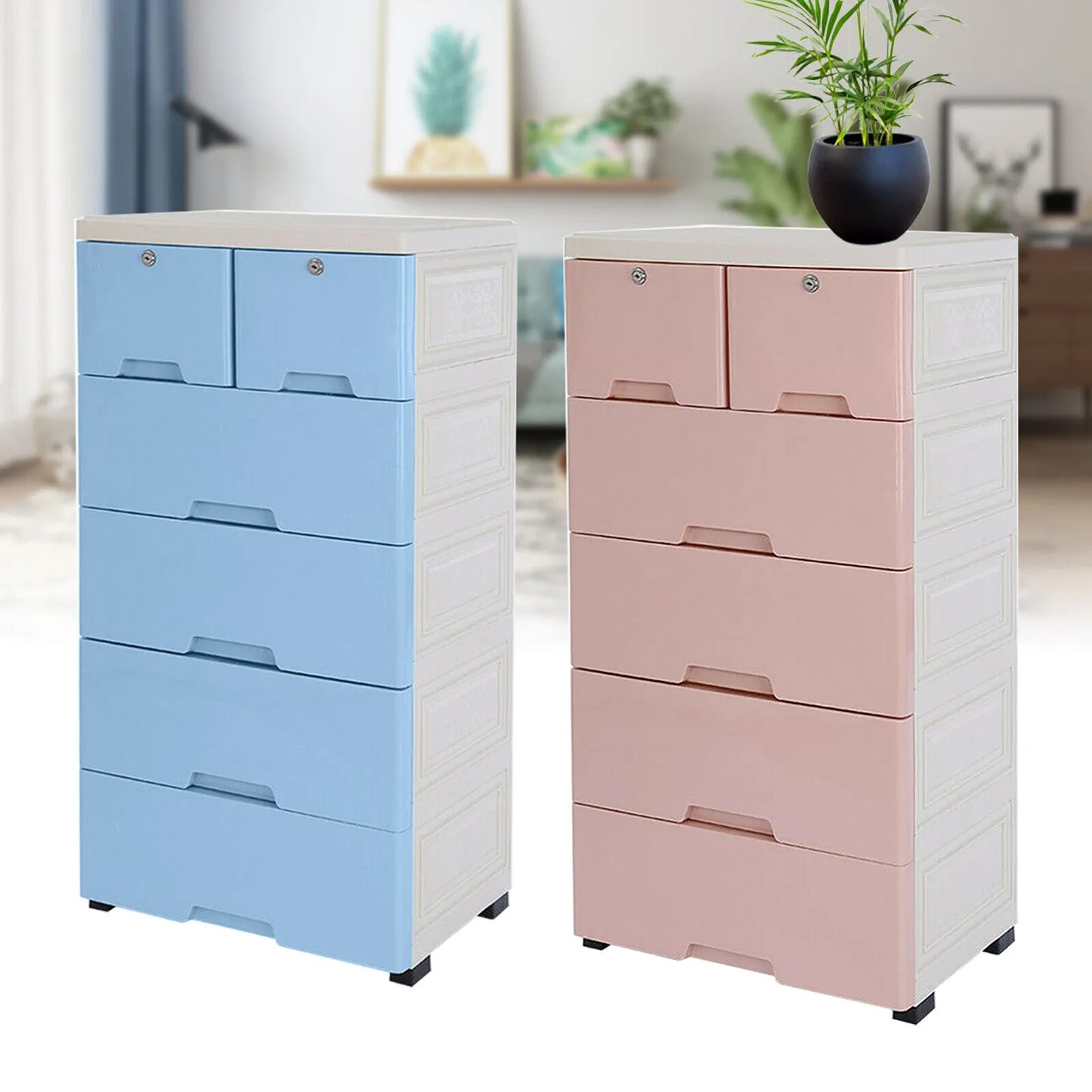 6 Drawer Plastic Dresser with Wheels Storage Cabinet