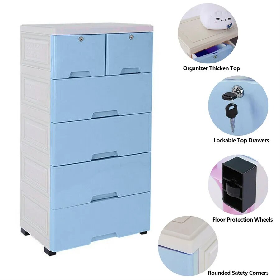 6 Drawer Plastic Dresser with Wheels Storage Cabinet