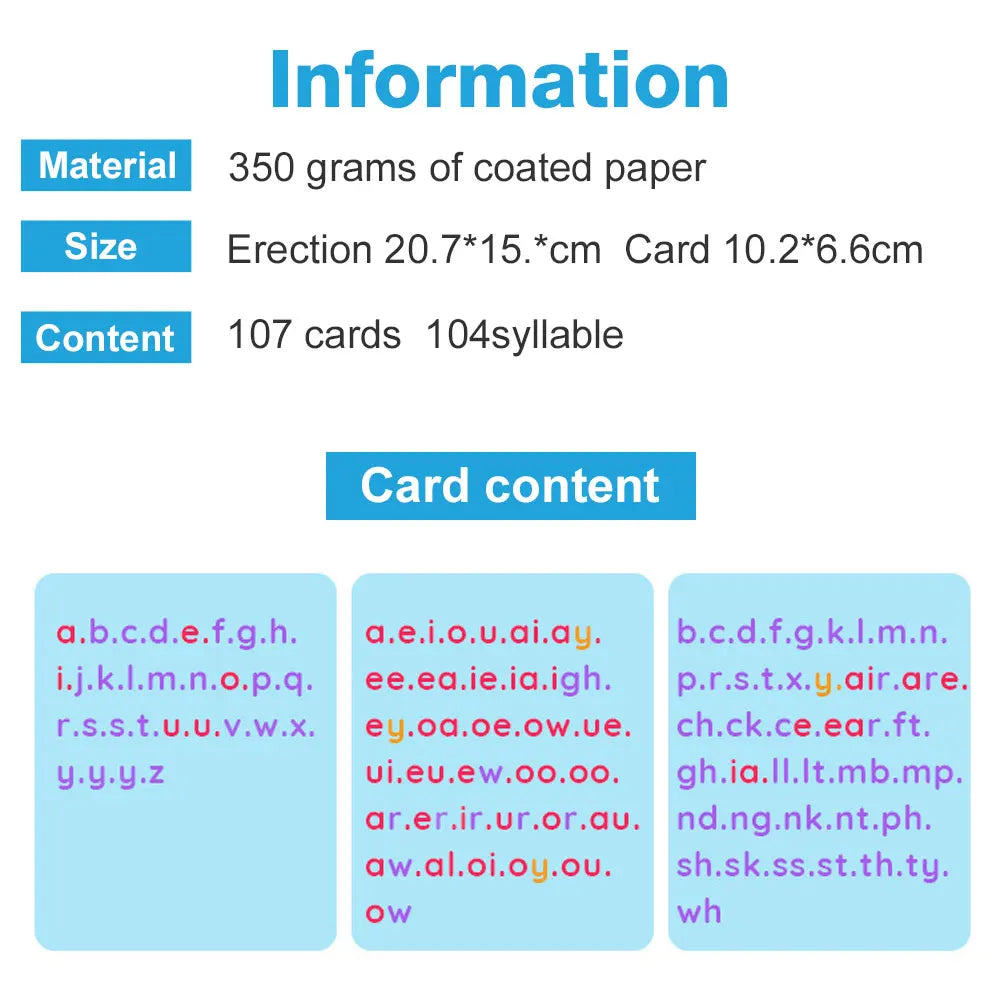 English Phonics Flashcards with 3 Syllable Spelling Flip Cards