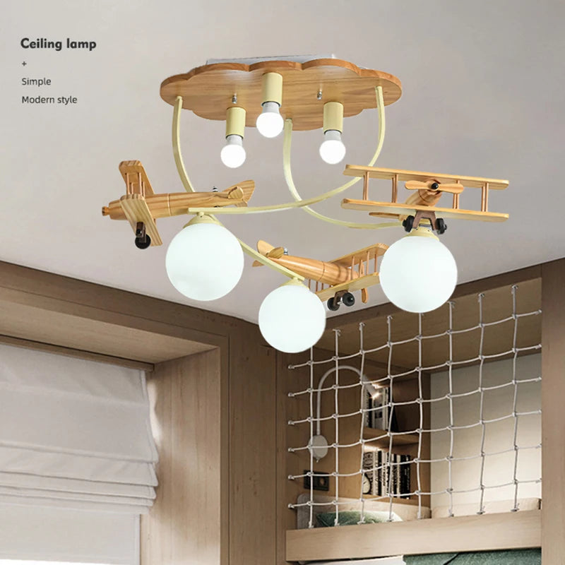 Wooden Airplane Chandelier Light for Kids Room