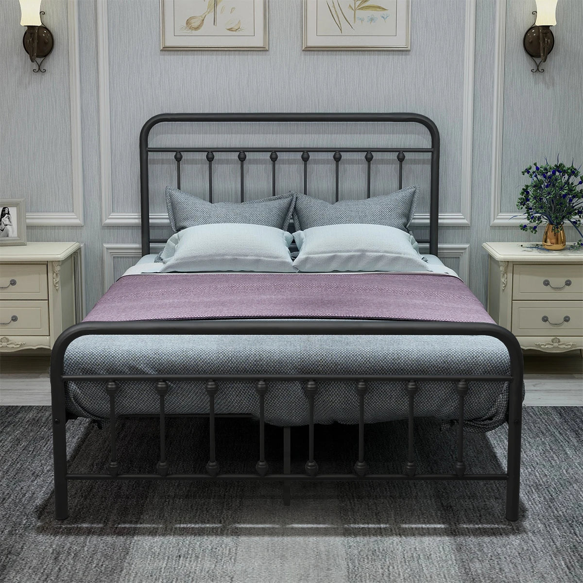 Full Size Vintage Metal, Platform Bed Frame with Headboard & Footboard