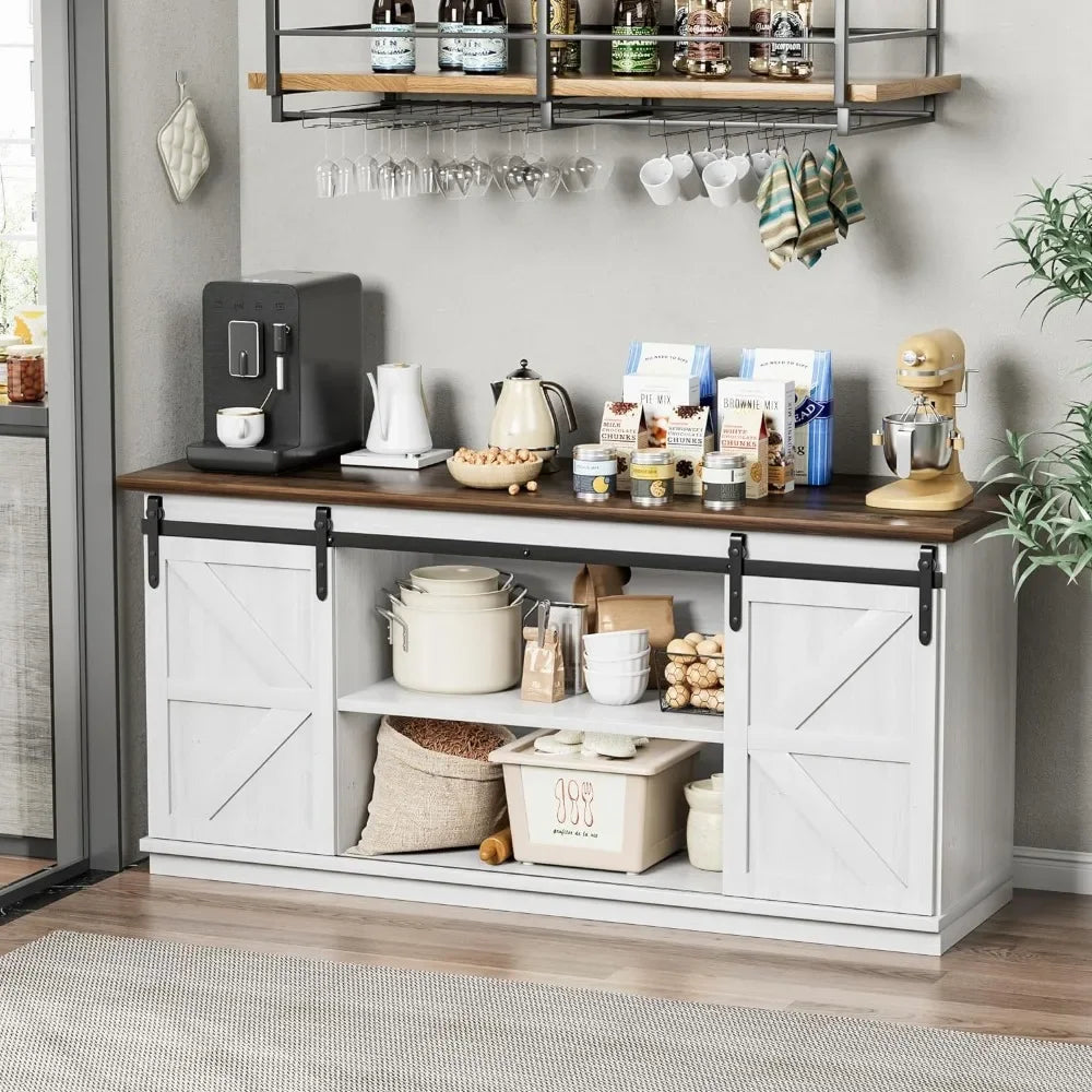 Farmhouse Barn Door Coffee Bar or Sideboard Buffet Cabinet, White