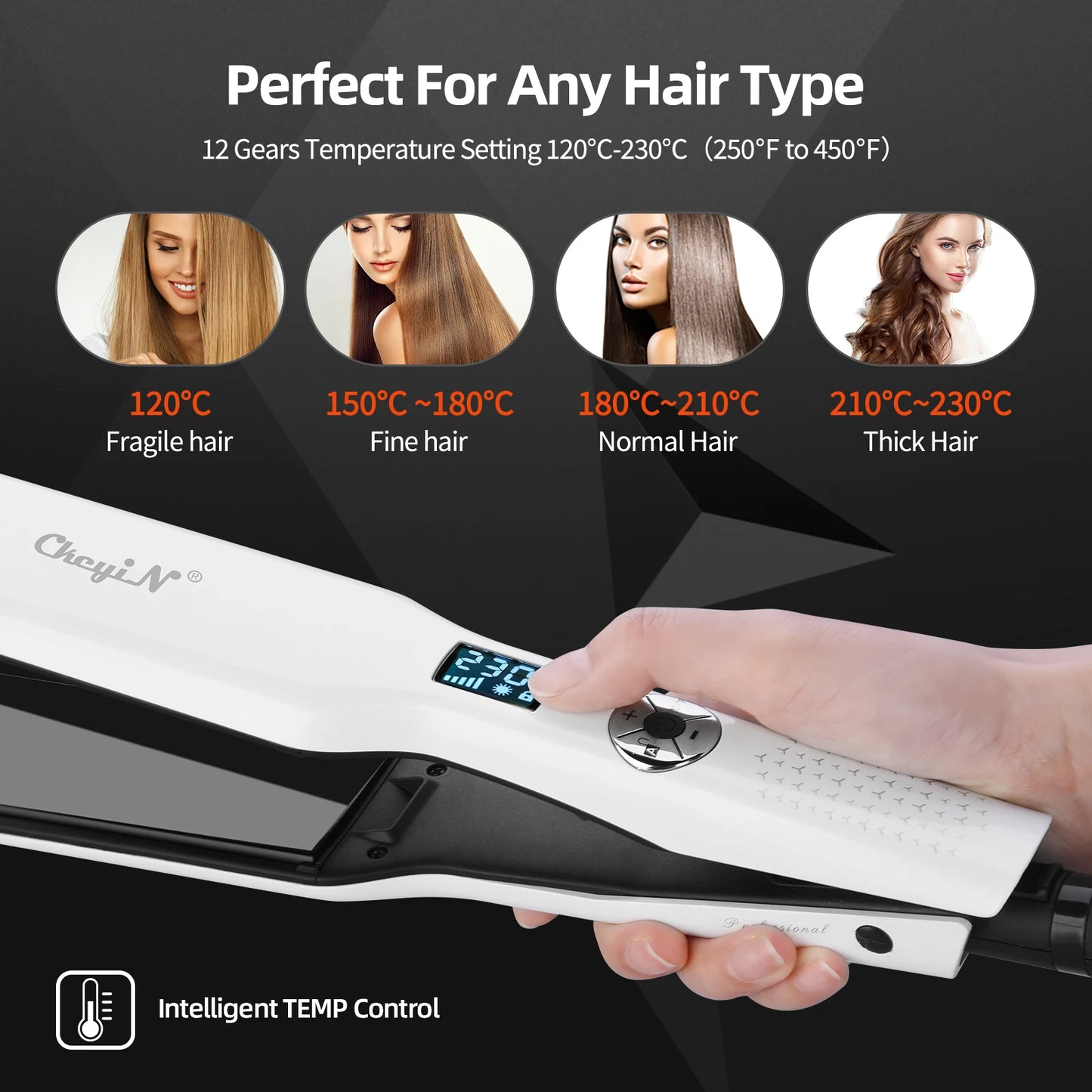 CkeyiN 44mm Tourmaline Ceramic Hair Straightener LCD Display Fast Heating Flat Iron Adjustable Temperature Straightening Iron