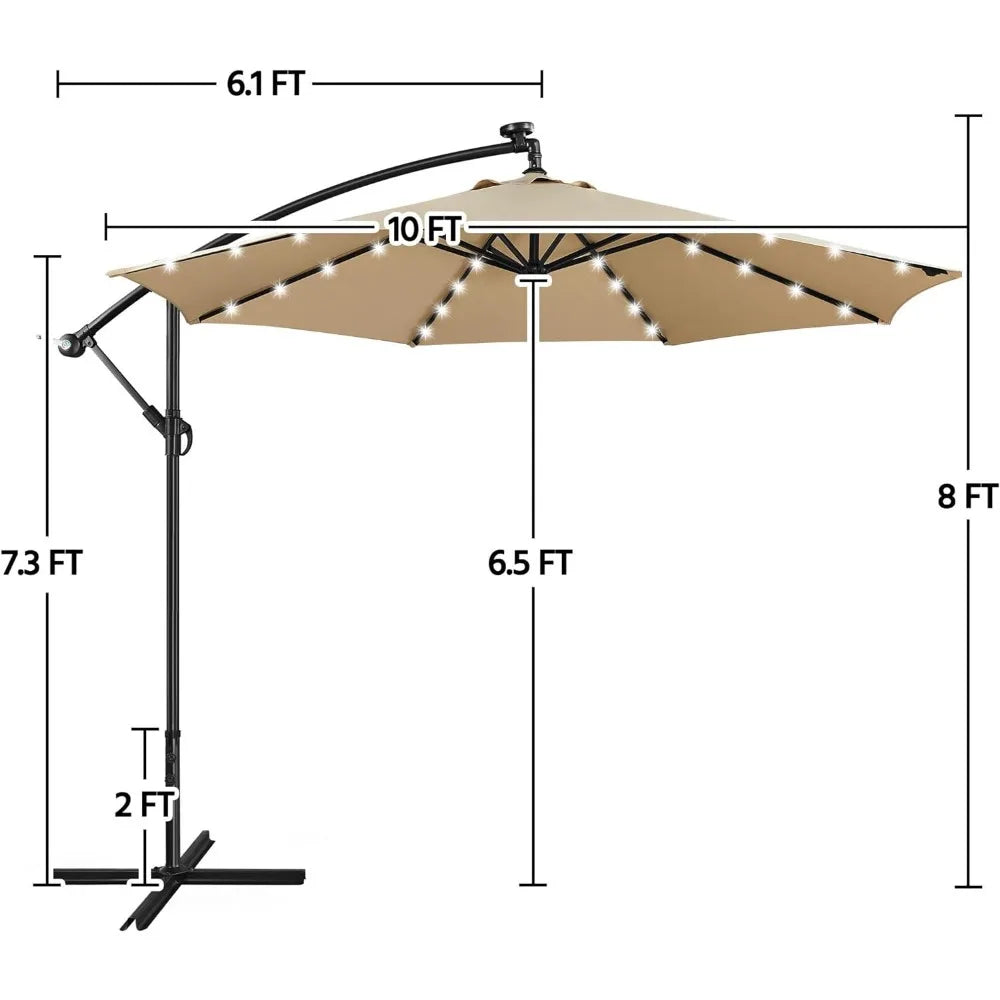 10FT, 32 LED Solar Lighted Outdoor Umbrellas Handy Crank & Cross Base