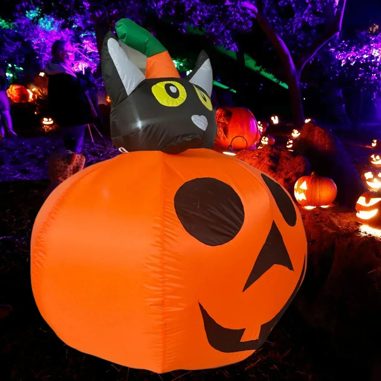 4FT Halloween Inflatable Black Cat Sitting on Pumpkin with Build-in LED Lights