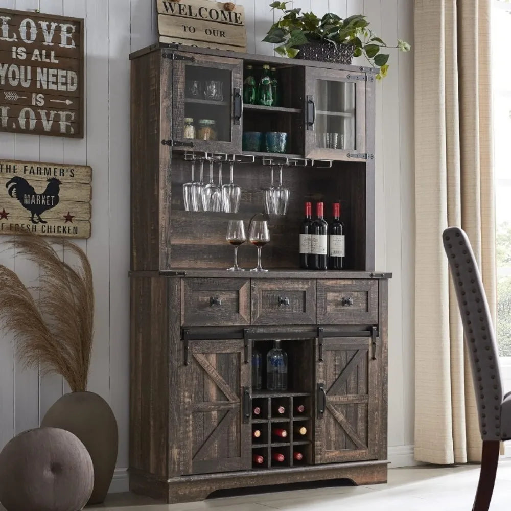 72" Farmhouse Bar Cabinet with Sliding Barn Door