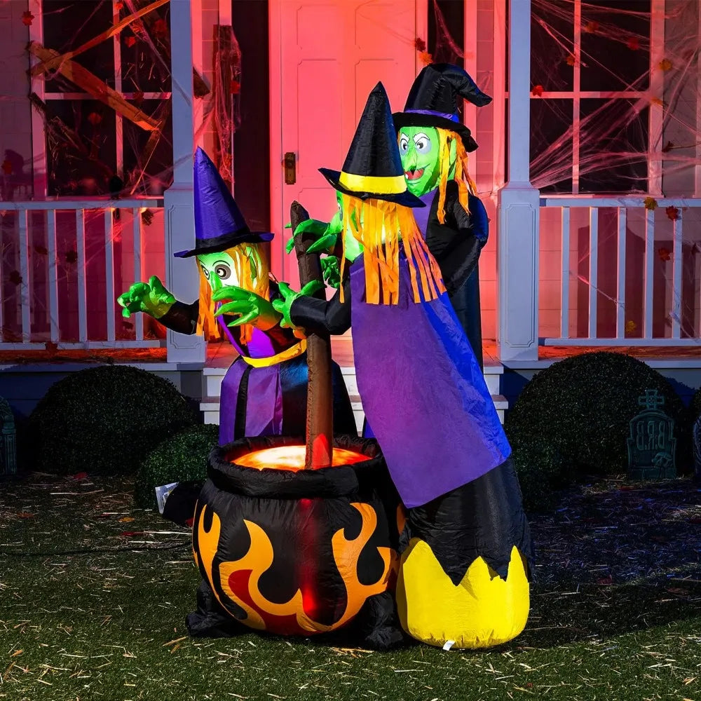 6 FT Tall Halloween Inflatable, Three Witch Around Cauldron with Flame LED Light