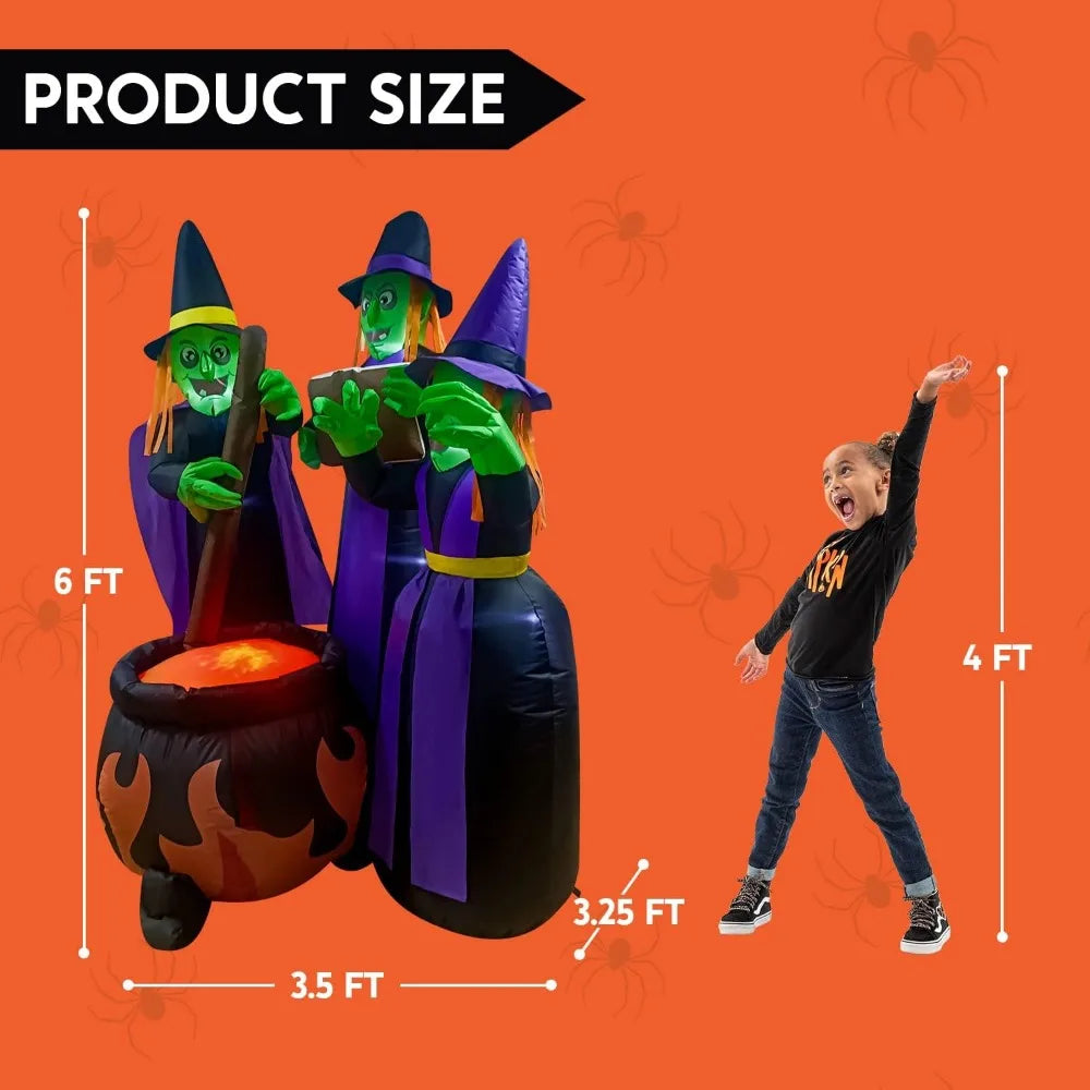 6 FT Tall Halloween Inflatable, Three Witch Around Cauldron with Flame LED Light