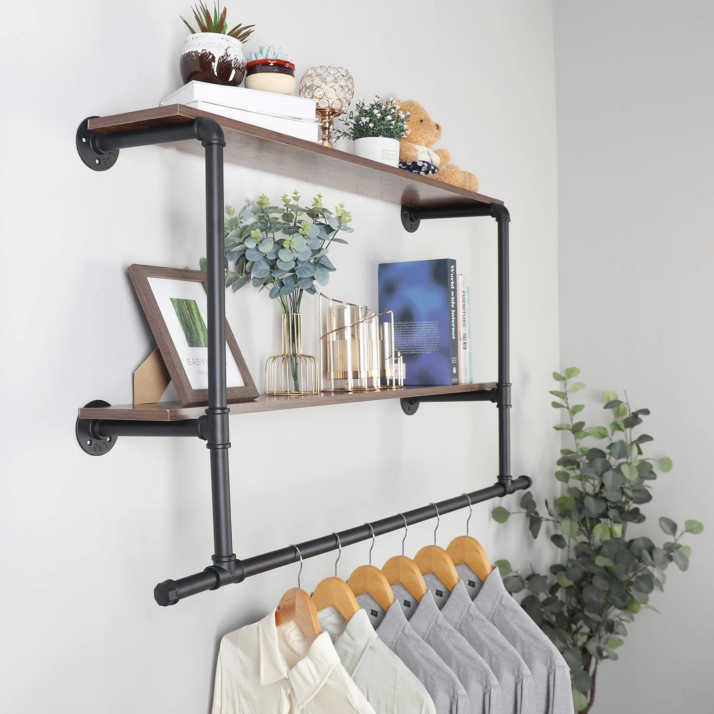 Industrial Pipe Clothing Rack Wall Mounted Double Wood Shelf