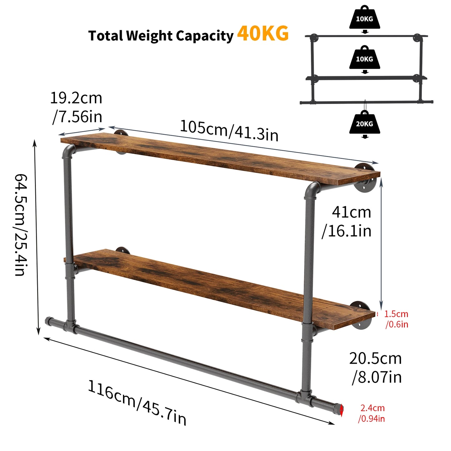 Industrial Pipe Clothing Rack Wall Mounted Double Wood Shelf