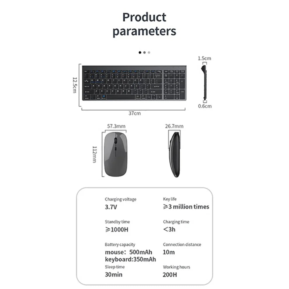 Jomaa Slim Rechargeable Bluetooth Wireless Keyboard and Mouse Set for Laptop Computer 2.4G USB