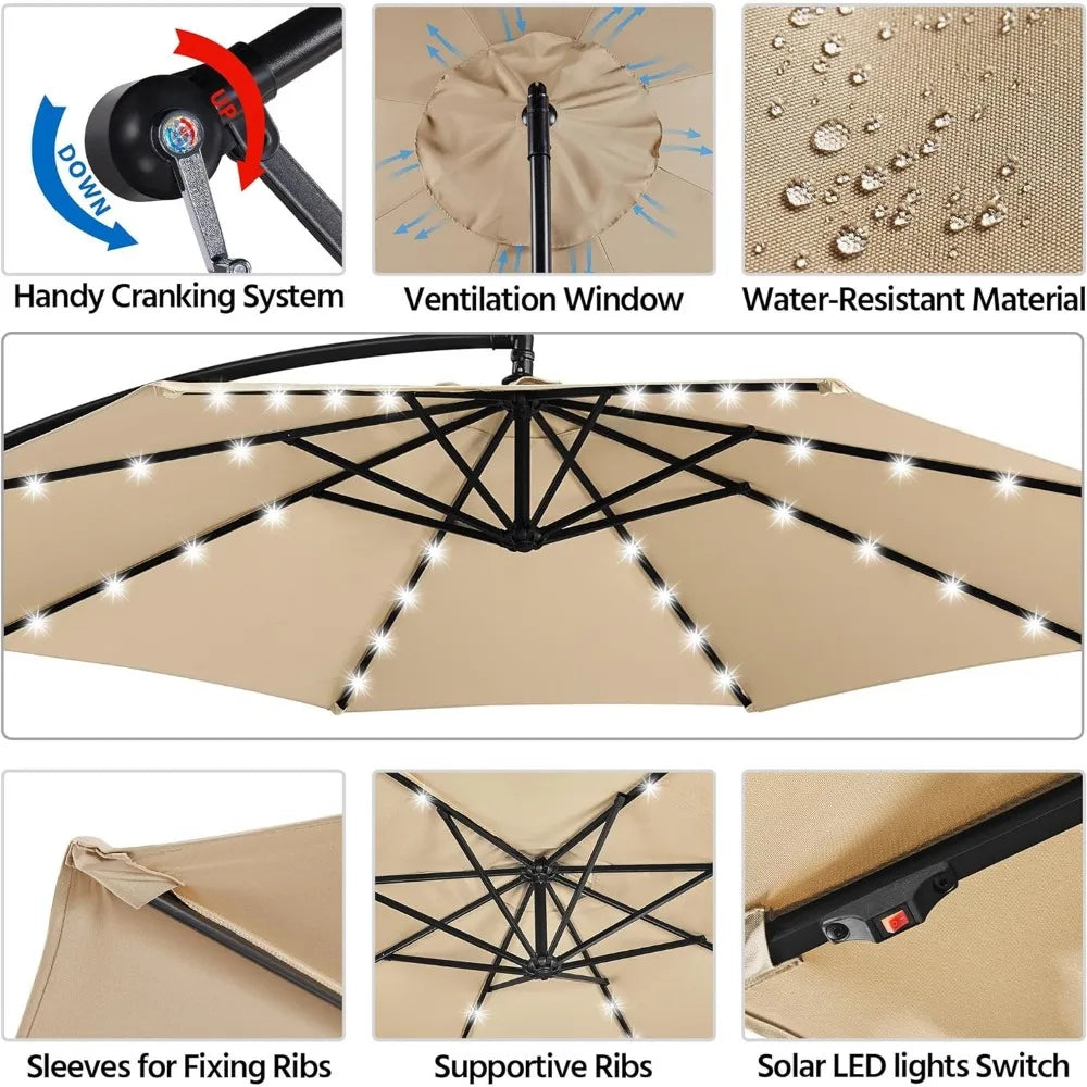 10FT, 32 LED Solar Lighted Outdoor Umbrellas Handy Crank & Cross Base