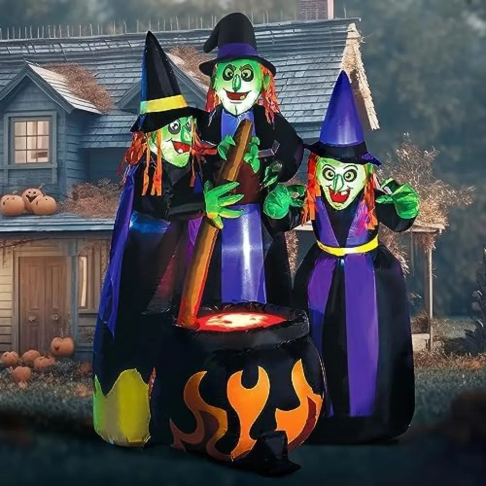 6 FT Tall Halloween Inflatable, Three Witch Around Cauldron with Flame LED Light