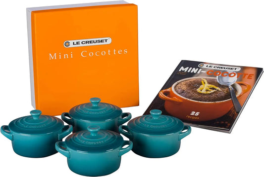 Le Creuset Stoneware Set of 4 Mini Cocottes with Cookbook, 8 oz. each