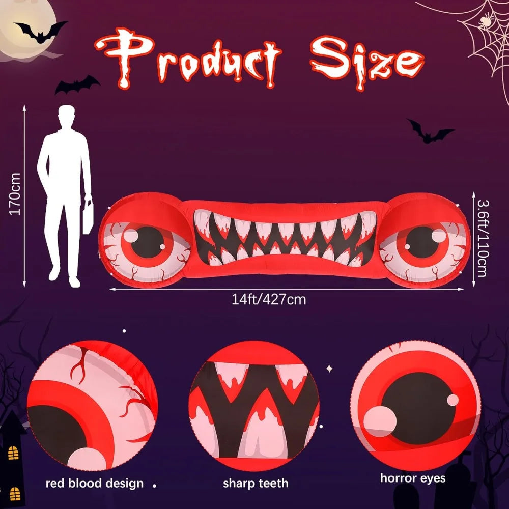 14 FT Long Halloween Inflatable Double Red Eyes and Teeth with Build-in LED Lights