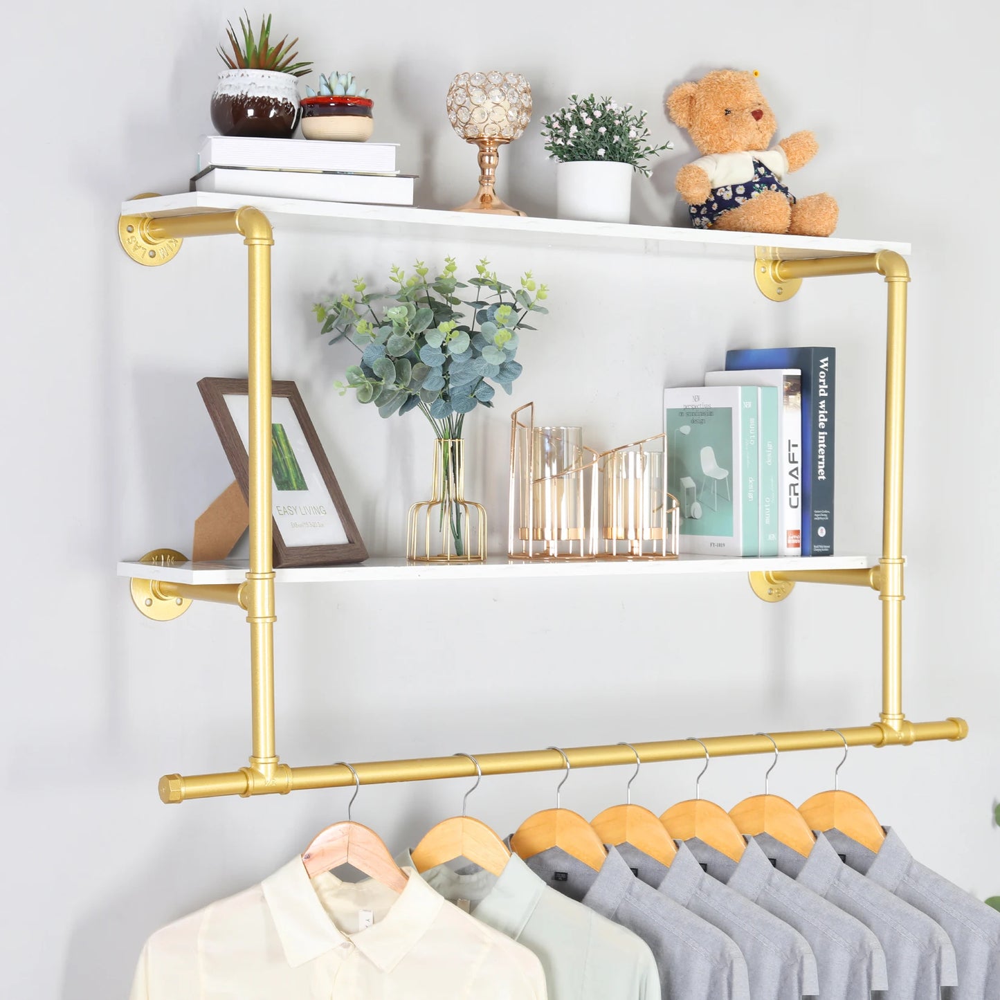 Industrial Pipe Clothing Rack Wall Mounted Double Wood Shelf