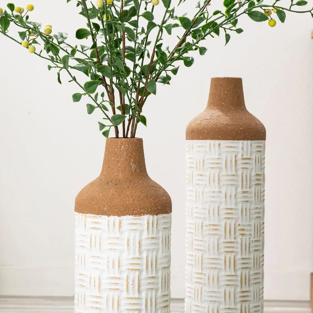 Set of 3 Tall Terra Cotta Texture, Metal Flower Vase