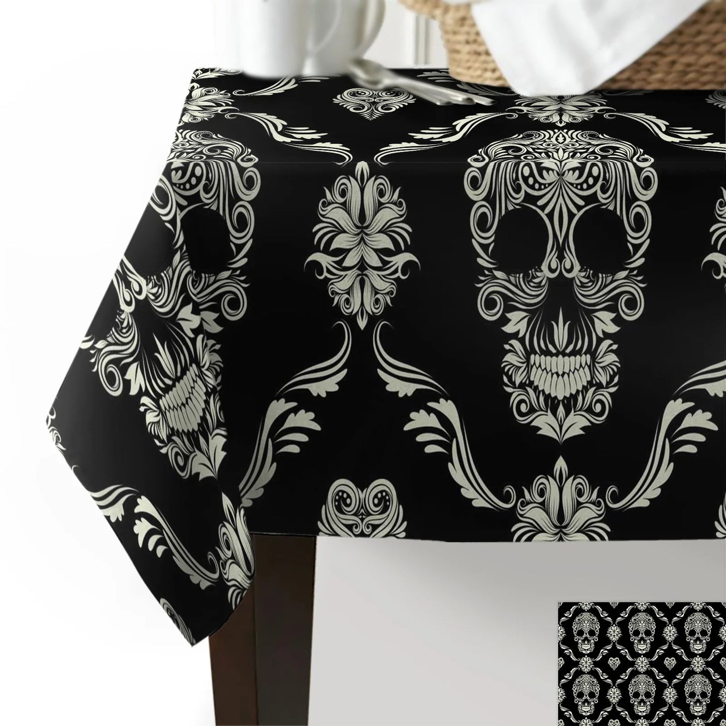 Halloween Skull Black Flower Waterproof Tablecloth