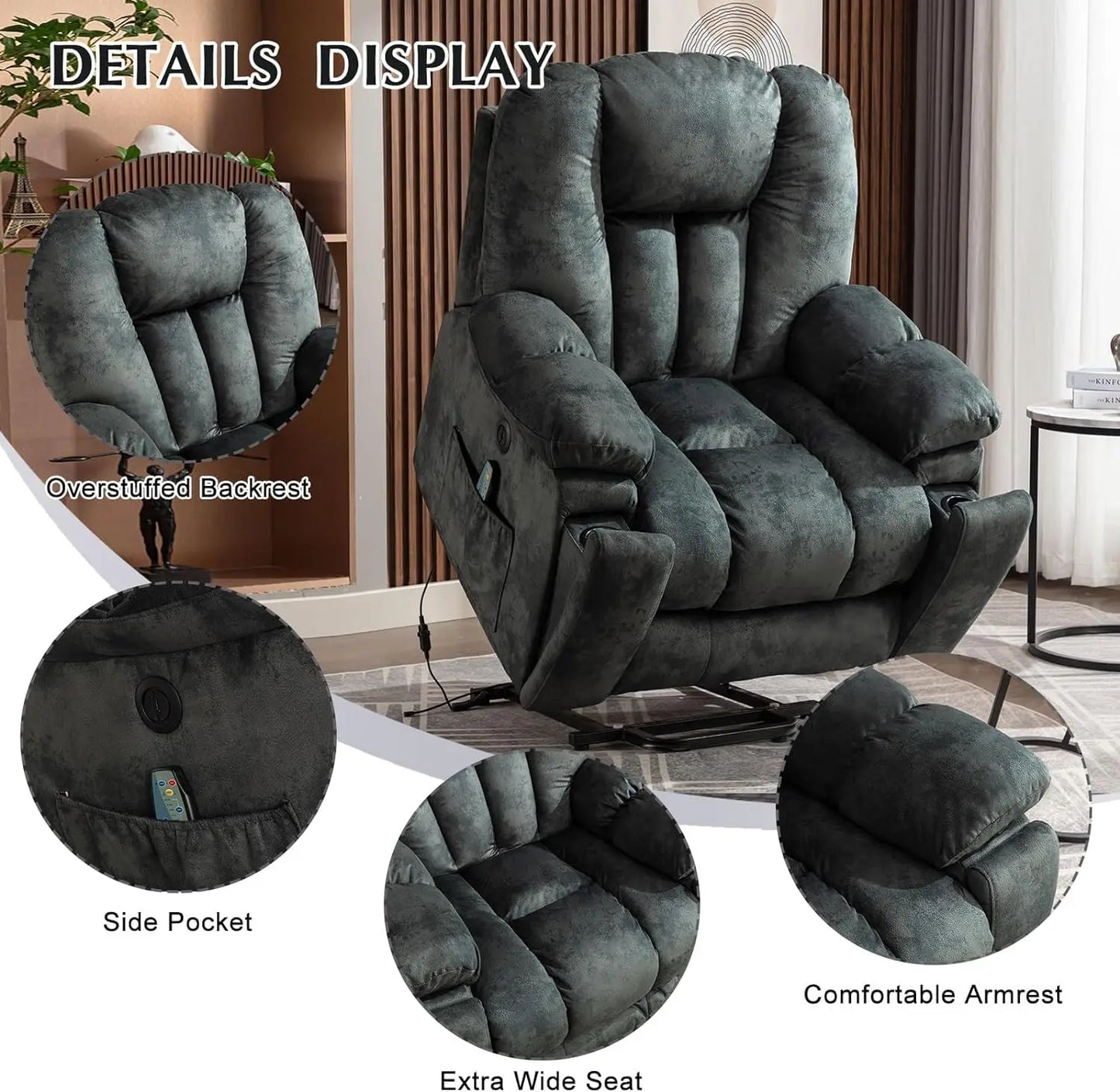 Large Power Lift Recliner Chair with Massage, Heat,and USB, Heavy Duty and Safety Motion