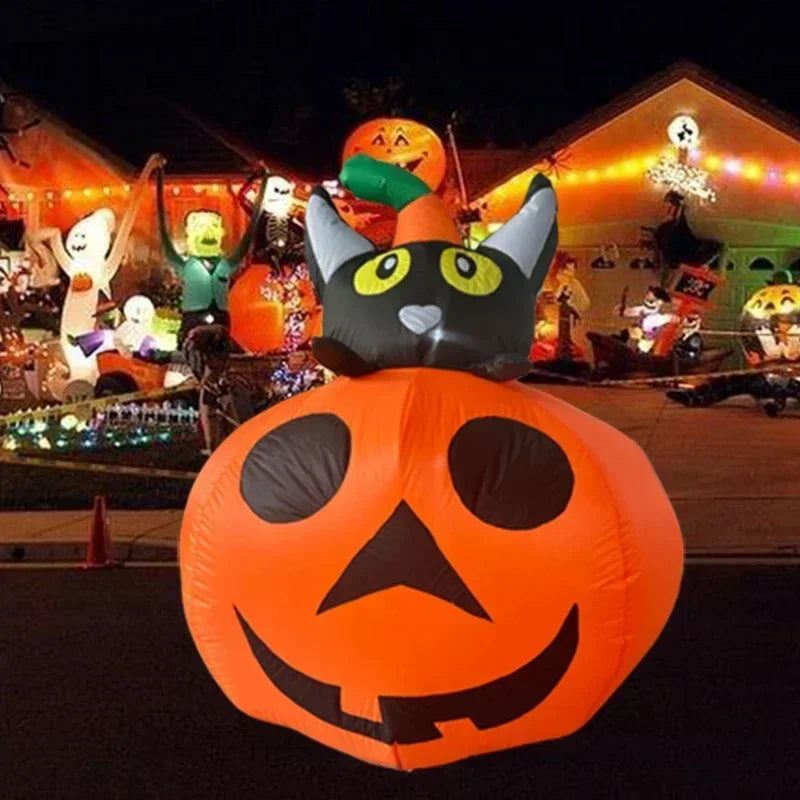 4FT Halloween Inflatable Black Cat Sitting on Pumpkin with Build-in LED Lights