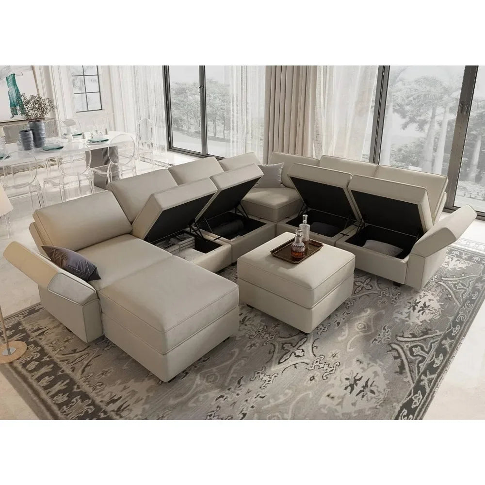 Oversized Living Room Sofa Block, Segmented with Reversible Chain, Storage Seats & Ottoman