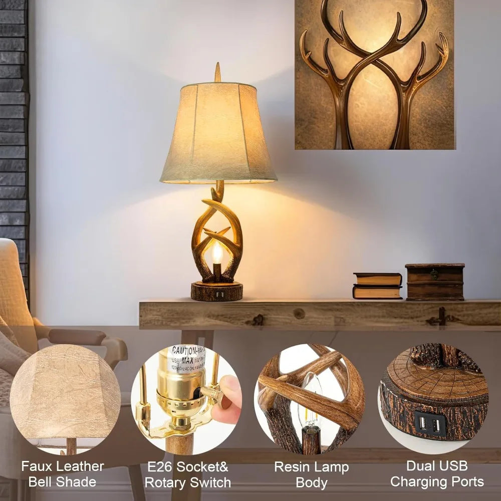 Antler Table Lamp with Nightlight Dual USB Ports, Set of 2