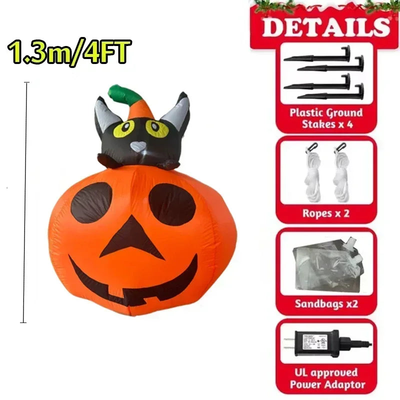 4FT Halloween Inflatable Black Cat Sitting on Pumpkin with Build-in LED Lights