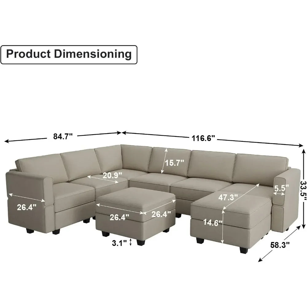 Oversized Living Room Sofa Block, Segmented with Reversible Chain, Storage Seats & Ottoman