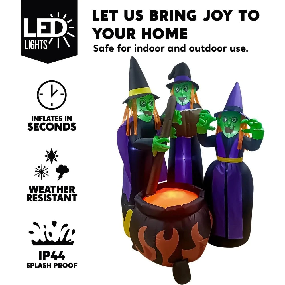 6 FT Tall Halloween Inflatable, Three Witch Around Cauldron with Flame LED Light