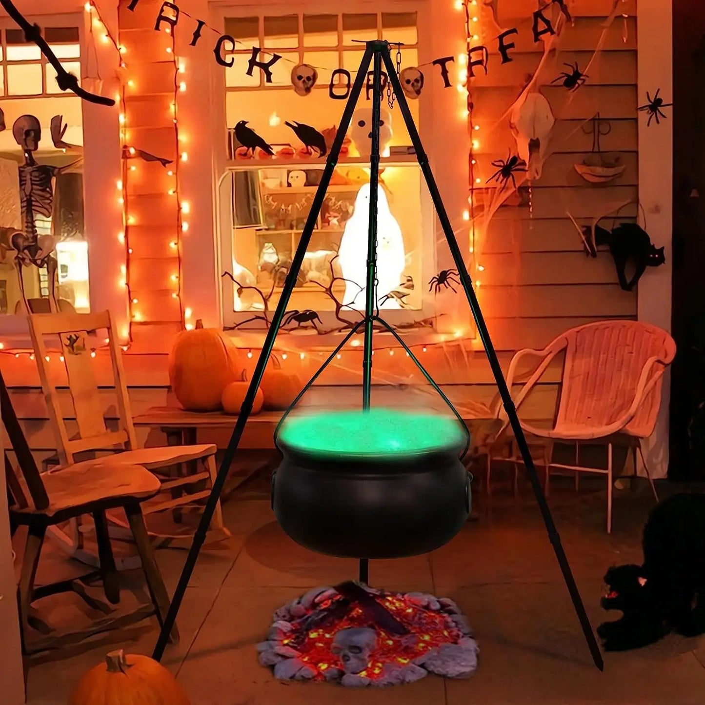 Halloween Witch Cauldron on Tripod with Lights Black Bowl