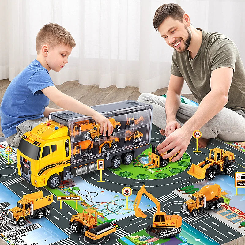 TEMI Transporter Playset with Play Mat & 6 pc Mini Engineering Vehicles
