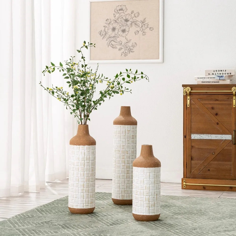 Set of 3 Tall Terra Cotta Texture, Metal Flower Vase