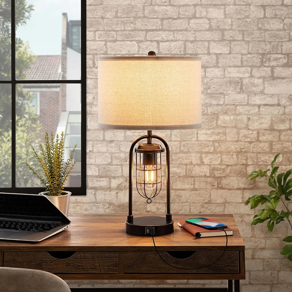 Farmhouse Table Lamps With USB Ports and Night Light, Set of 2
