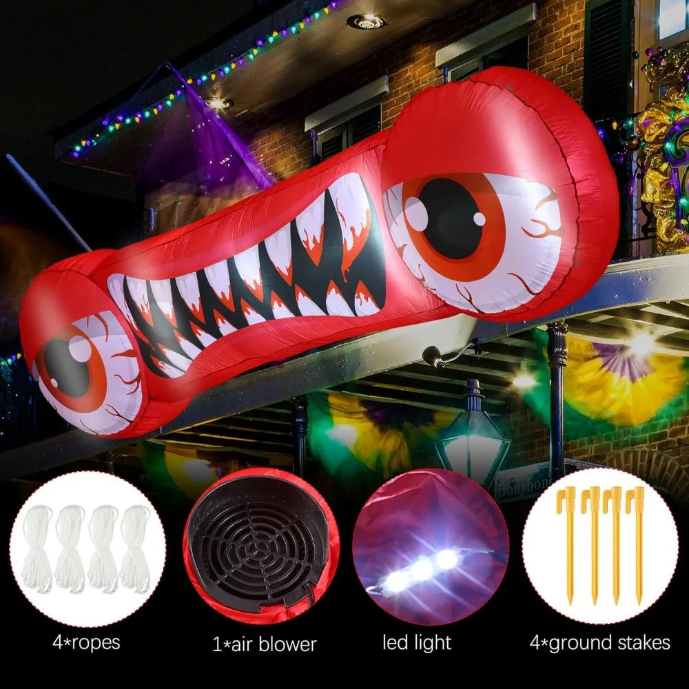 14 FT Long Halloween Inflatable Double Red Eyes and Teeth with Build-in LED Lights