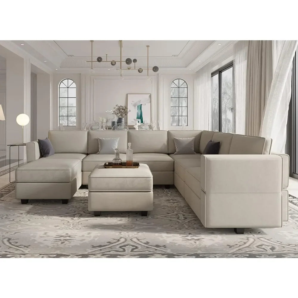 Oversized Living Room Sofa Block, Segmented with Reversible Chain, Storage Seats & Ottoman