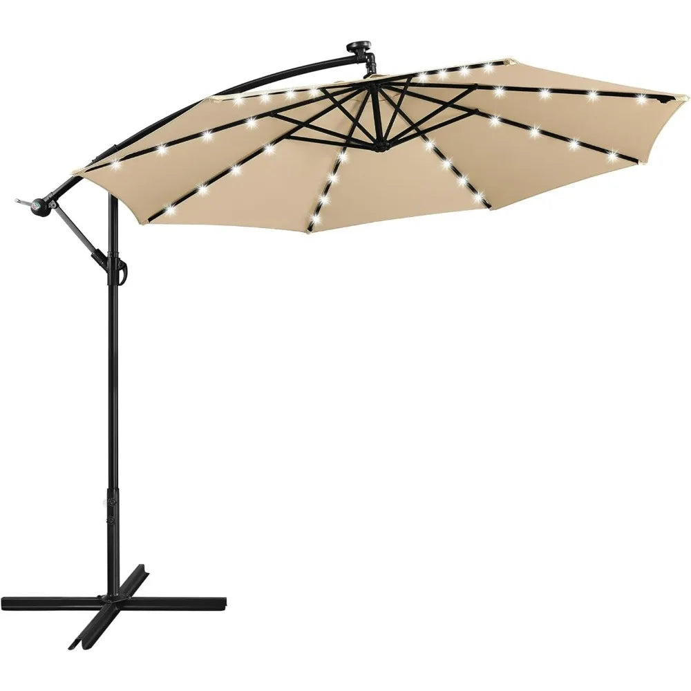 10FT, 32 LED Solar Lighted Outdoor Umbrellas Handy Crank & Cross Base