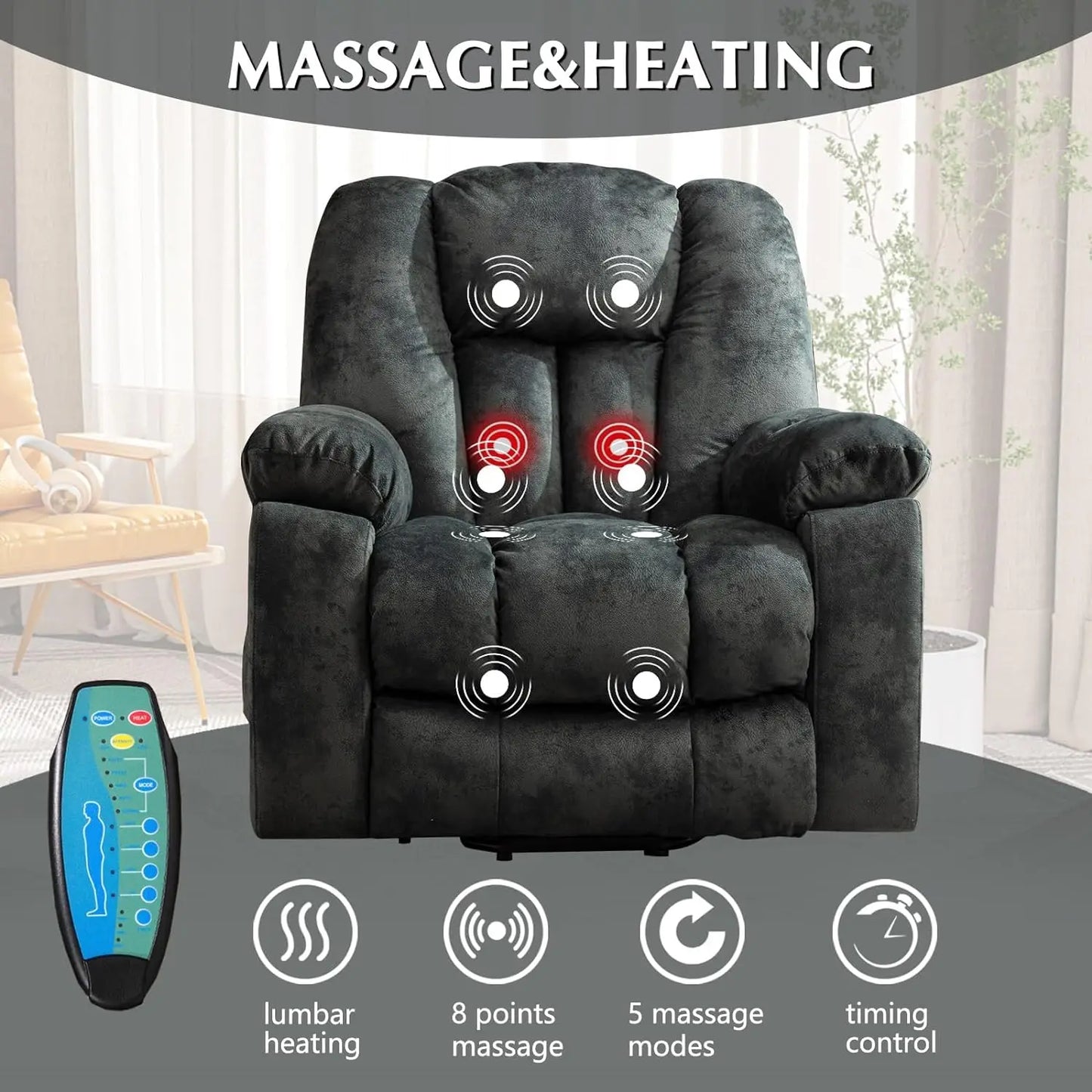 Large Power Lift Recliner Chair with Massage, Heat,and USB, Heavy Duty and Safety Motion