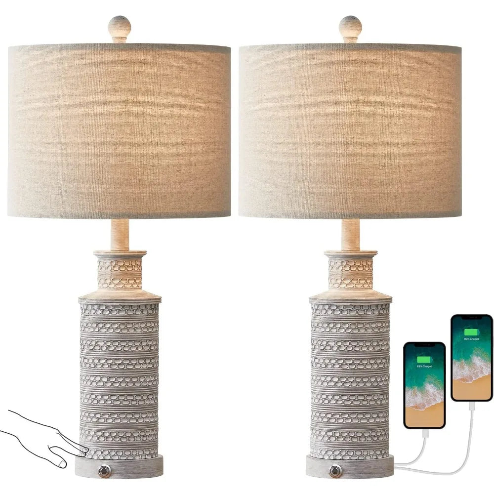 3 Way Dimmable Lamps with Dual USB Charging Ports, Set of 2