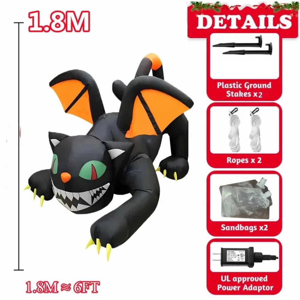 6 FT Halloween Inflatable Black Cat with Wings & LED Lights