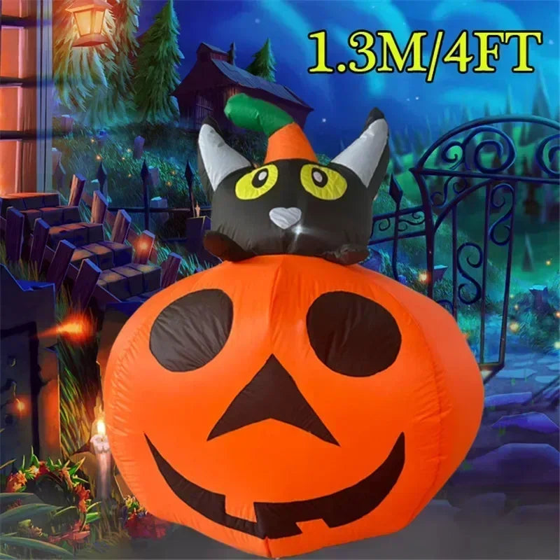 4FT Halloween Inflatable Black Cat Sitting on Pumpkin with Build-in LED Lights