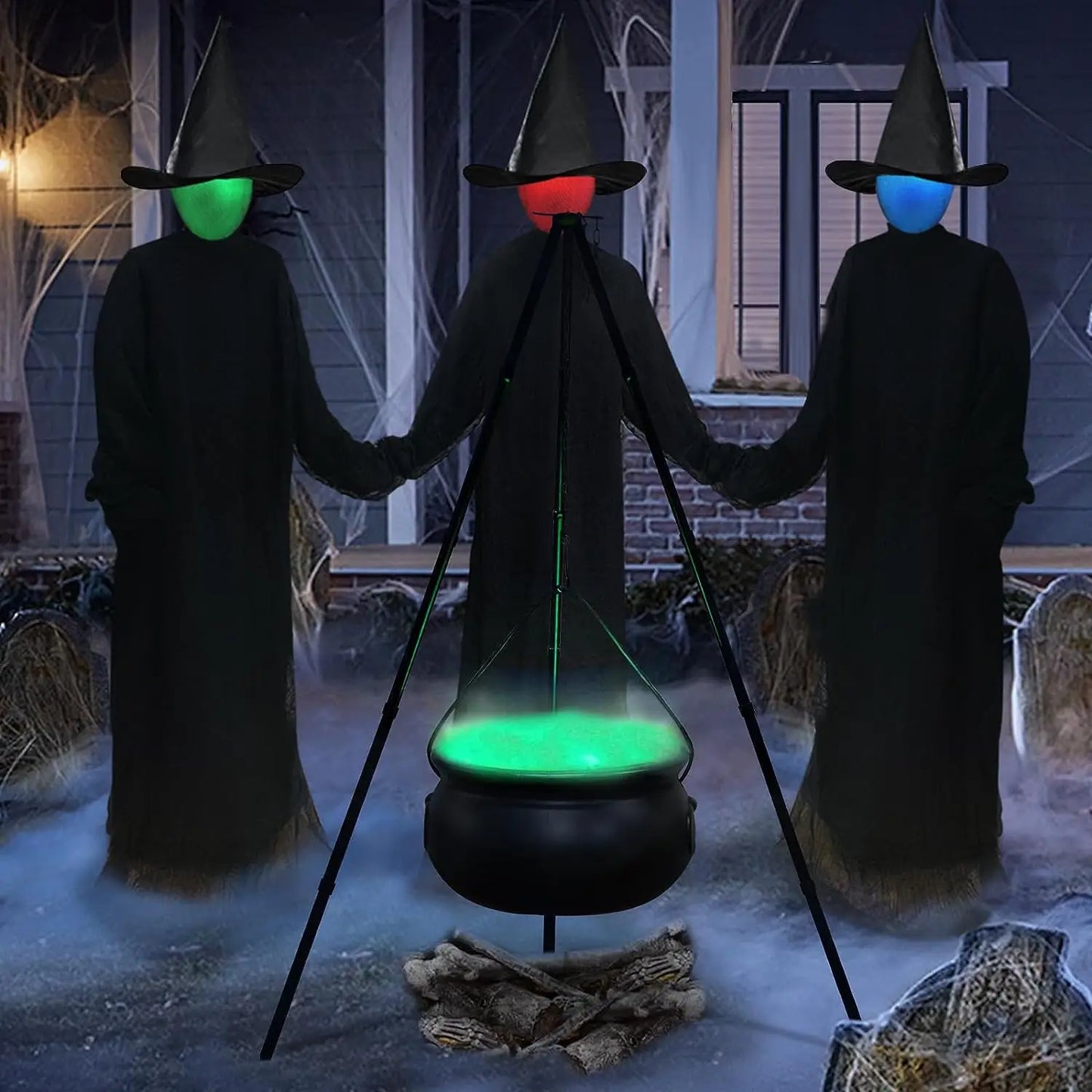 Halloween Witch Cauldron on Tripod with Lights Black Bowl