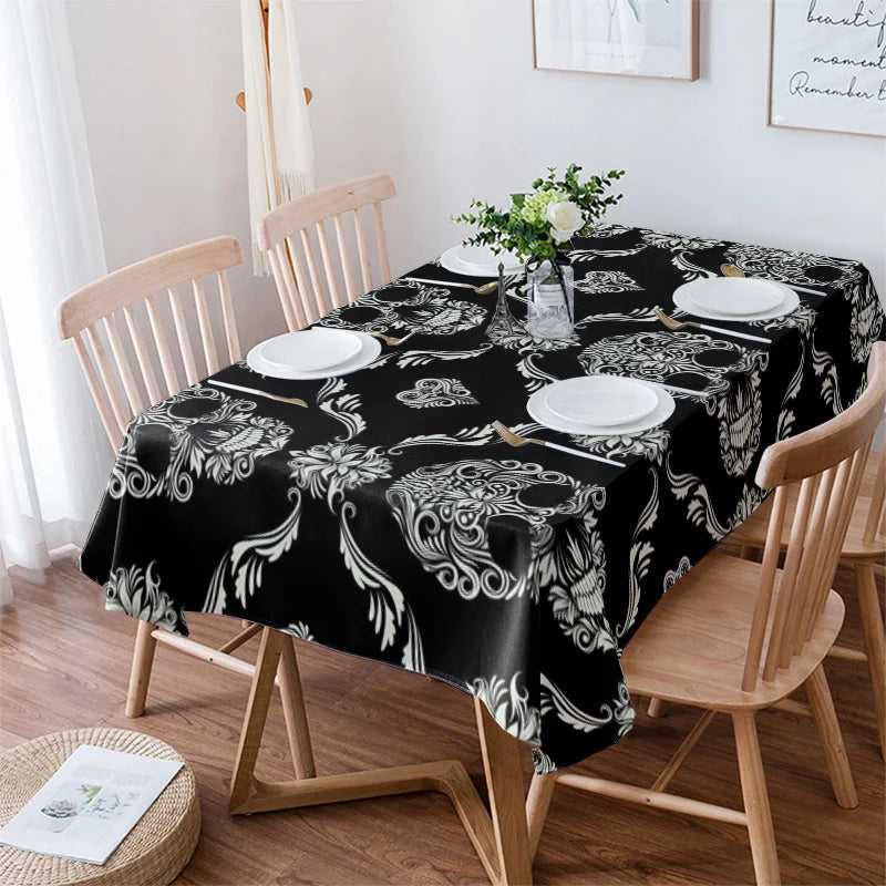 Halloween Skull Black Flower Waterproof Tablecloth