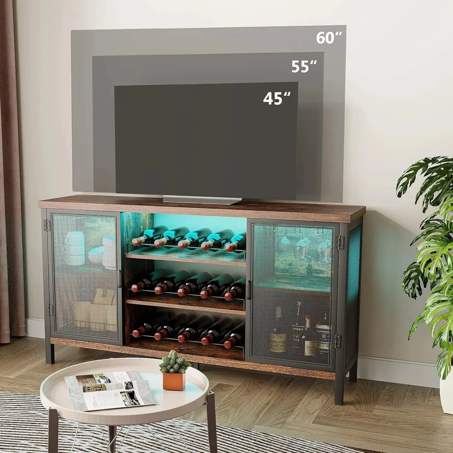 LED Adjustable Rustic Home Wine Bar Cabinet with 2 Hinged Doors