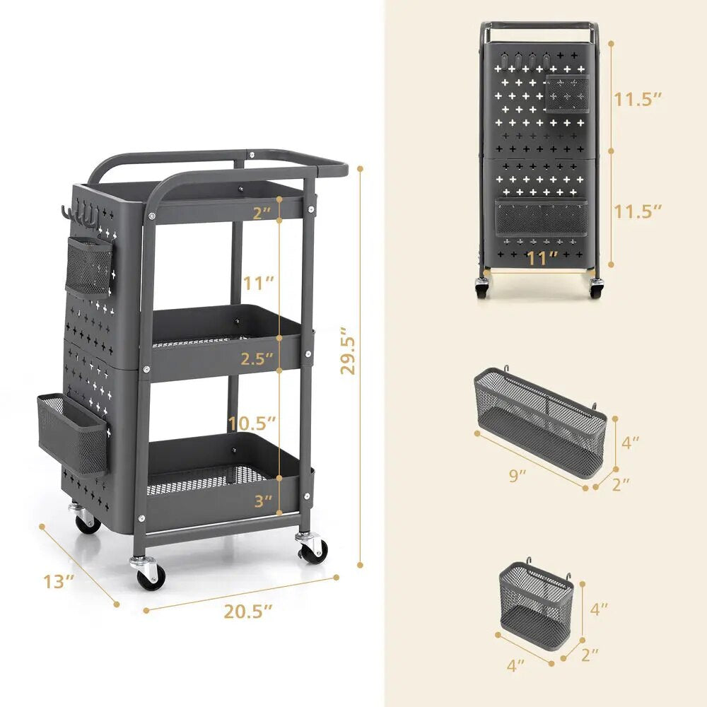 Costway 3-Tier Utility Storage Cart, Grey