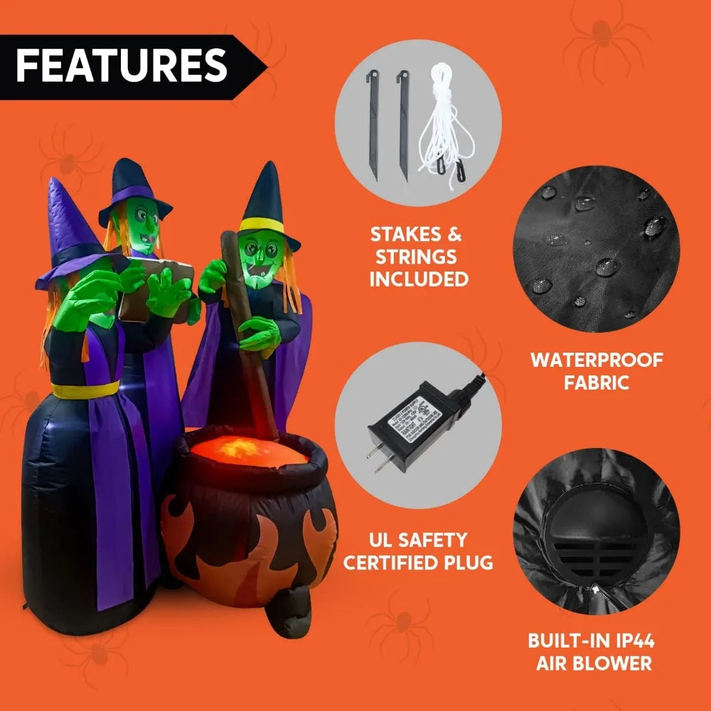 6 FT Tall Halloween Inflatable, Three Witch Around Cauldron with Flame LED Light