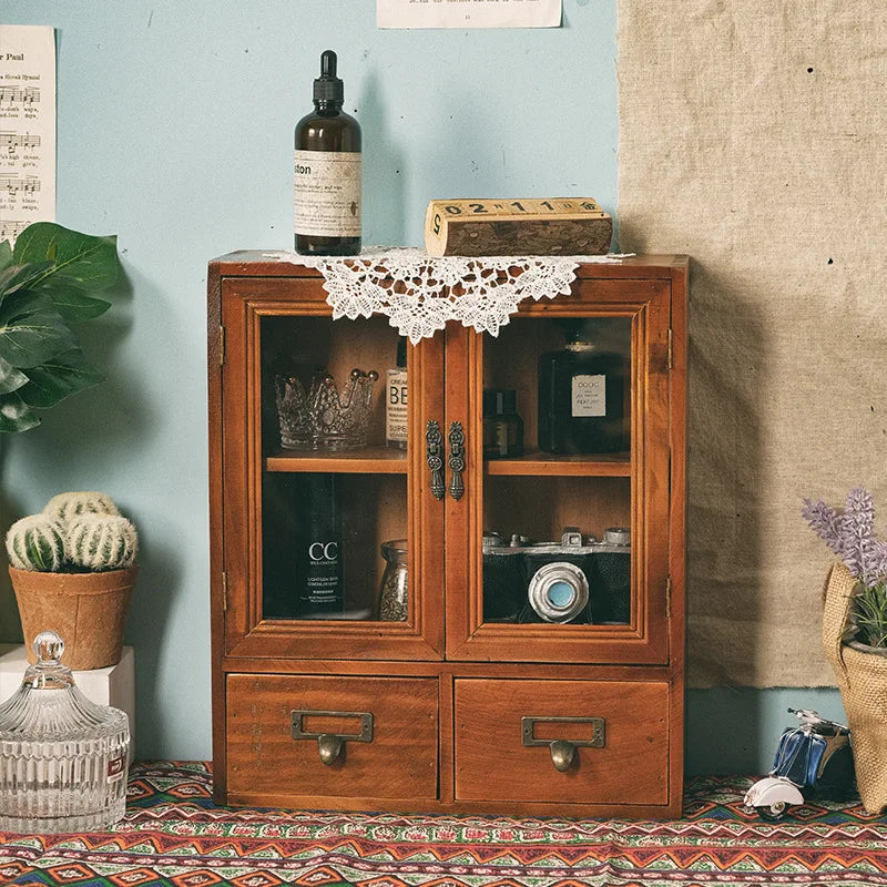 Nordic Solid Wood Vintage Double Door Display Cabinet