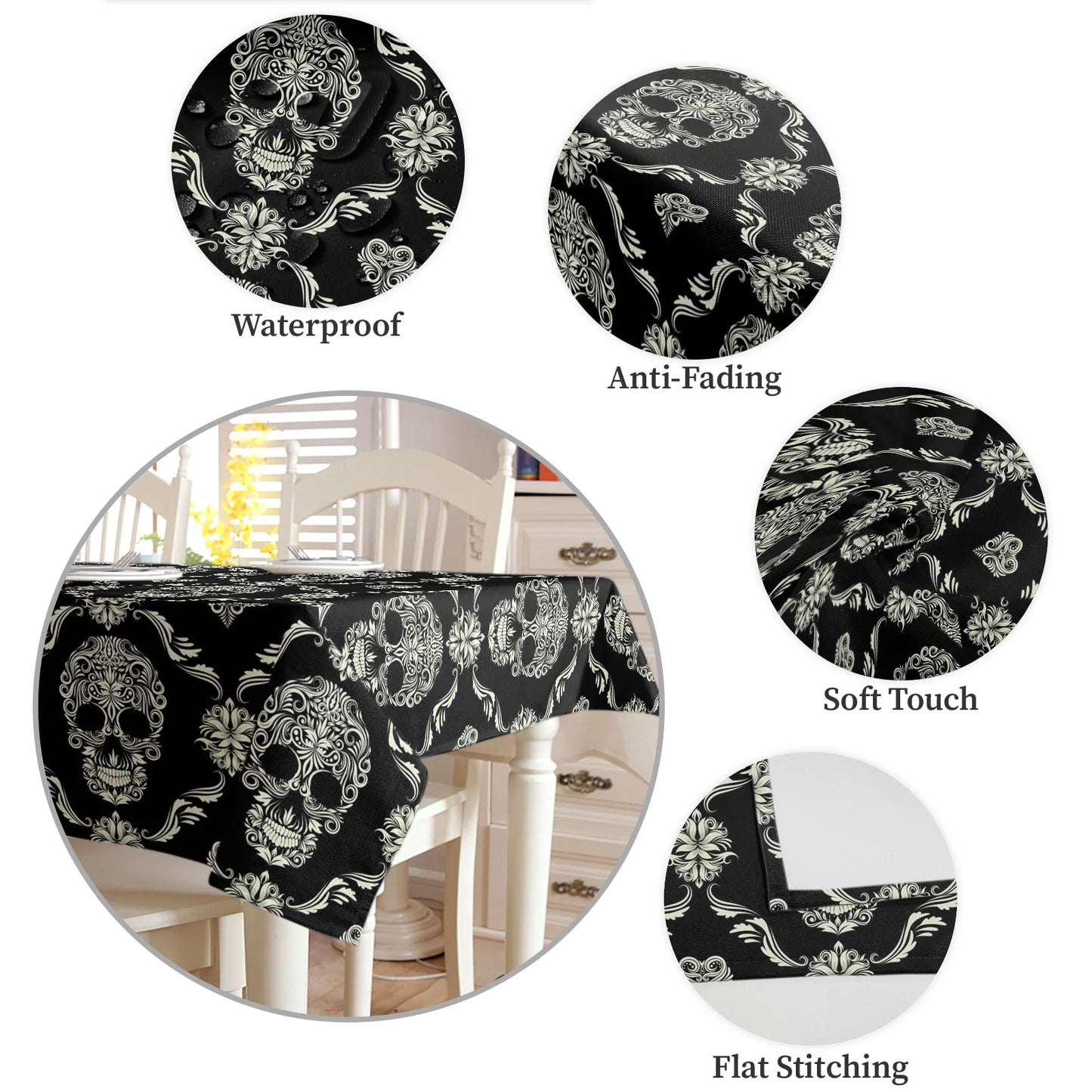 Halloween Skull Black Flower Waterproof Tablecloth